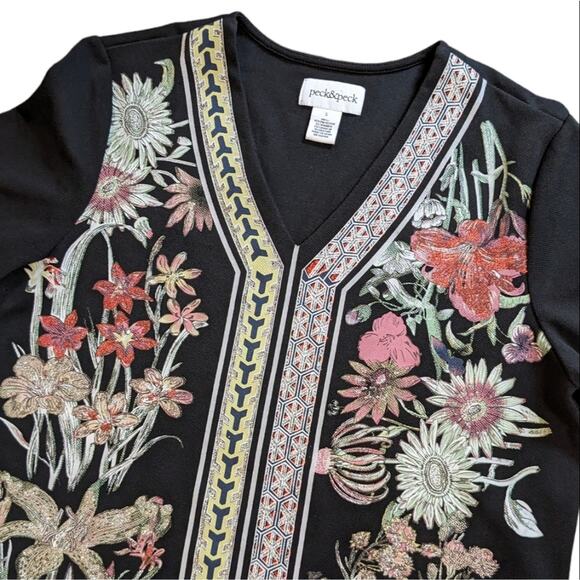Peck & Peck floral print tunic black long sleeved size S - Picture 2 of 8